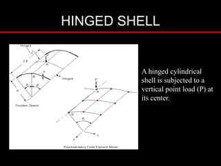 HINGED SHELL
A hinged cylindrical
shell is subjected to a
vertical point load (P) at
its center.
 