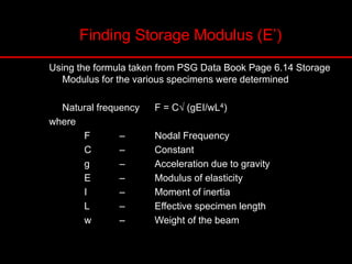 Finding Storage Modulus (E’)
Using the formula taken from PSG Data Book Page 6.14 Storage
Modulus for the various specimens were determined
Natural frequency F = C√ (gEI/wL4)
where
F – Nodal Frequency
C – Constant
g – Acceleration due to gravity
E – Modulus of elasticity
I – Moment of inertia
L – Effective specimen length
w – Weight of the beam
 