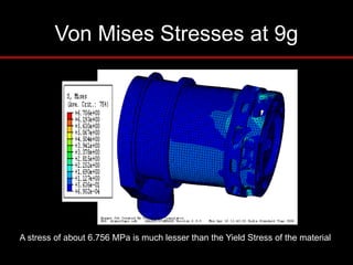 Von Mises Stresses at 9g
A stress of about 6.756 MPa is much lesser than the Yield Stress of the material
 