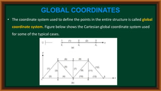 GLOBAL COORDINATES
• The coordinate system used to define the points in the entire structure is called global
coordinate system. Figure below shows the Cartesian global coordinate system used
for some of the typical cases.
 