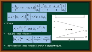  











 












2
1
1
2
2
1
1
2
1
u
u
l
x
x
l
x
x
u
u
x
x
x
x
l
  2
2
1
1
2
1
2
1 u
N
u
N
u
u
N
N
u 









• Where,
l
x
x
N
and
l
x
x
N 1
2
2
1




• Thus, the shape function is:
    




 



l
x
x
l
x
x
N
N
N 1
2
2
1
• The variation of shape function is shown in adjacent figure.
 
