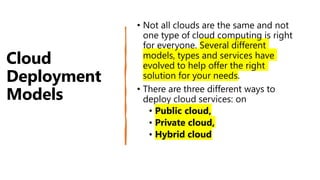 Cloud
Deployment
Models
• Not all clouds are the same and not
one type of cloud computing is right
for everyone. Several different
models, types and services have
evolved to help offer the right
solution for your needs.
• There are three different ways to
deploy cloud services: on
Public cloud,
Private cloud,
•
•
• Hybrid cloud
 