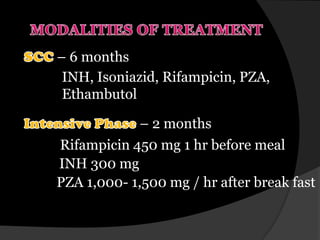 – 6 months
 INH, Isoniazid, Rifampicin, PZA,
 Ethambutol

             – 2 months
Rifampicin 450 mg 1 hr before meal
INH 300 mg
PZA 1,000- 1,500 mg / hr after break fast
 