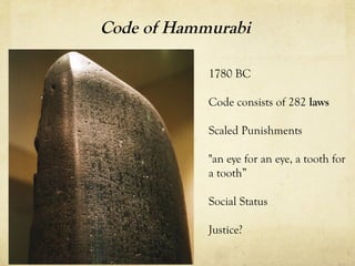 Code of Hammurabi

            1780 BC

            Code consists of 282 laws

            Scaled Punishments

            "an eye for an eye, a tooth for
            a tooth”

            Social Status

            Justice?
 
