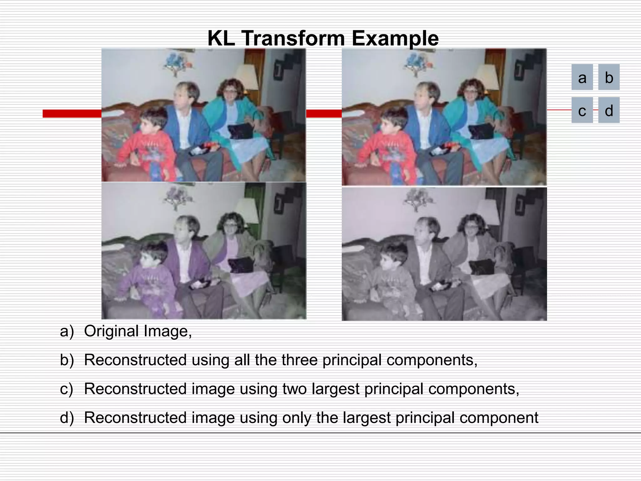 a) Original Image,
b) Reconstructed using all the three principal components,
c) Reconstructed image using two largest principal components,
d) Reconstructed image using only the largest principal component
KL Transform Example
a b
c d
 