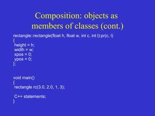 Composition: objects as
members of classes (cont.)
rectangle::rectangle(float h, float w, int c, int l):pr(c, l)
{
height = h;
width = w;
xpos = 0;
ypos = 0;
};
void main()
{
rectangle rc(3.0, 2.0, 1, 3);
C++ statements;
}
 