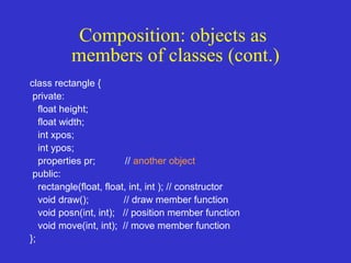 class rectangle {
private:
float height;
float width;
int xpos;
int ypos;
properties pr; // another object
public:
rectangle(float, float, int, int ); // constructor
void draw(); // draw member function
void posn(int, int); // position member function
void move(int, int); // move member function
};
Composition: objects as
members of classes (cont.)
 
