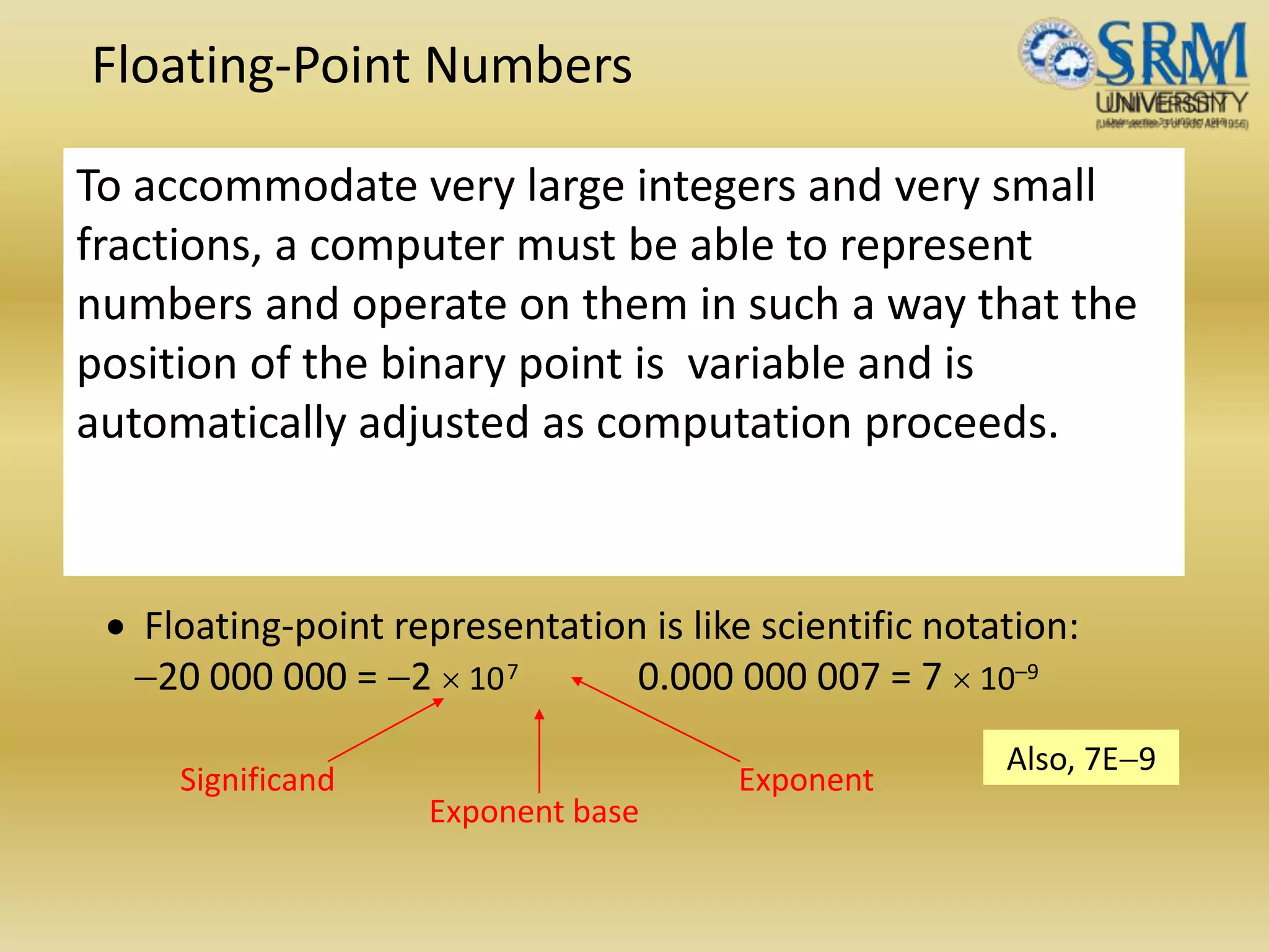 Floating-Point Numbers
 Floating-point representation is like scientific notation:
-20 000 000 = -2  107 0.000 000 007 = 7  10–9
To accommodate very large integers and very small
fractions, a computer must be able to represent
numbers and operate on them in such a way that the
position of the binary point is variable and is
automatically adjusted as computation proceeds.
Significand Exponent
Exponent base
Also, 7E-9
 