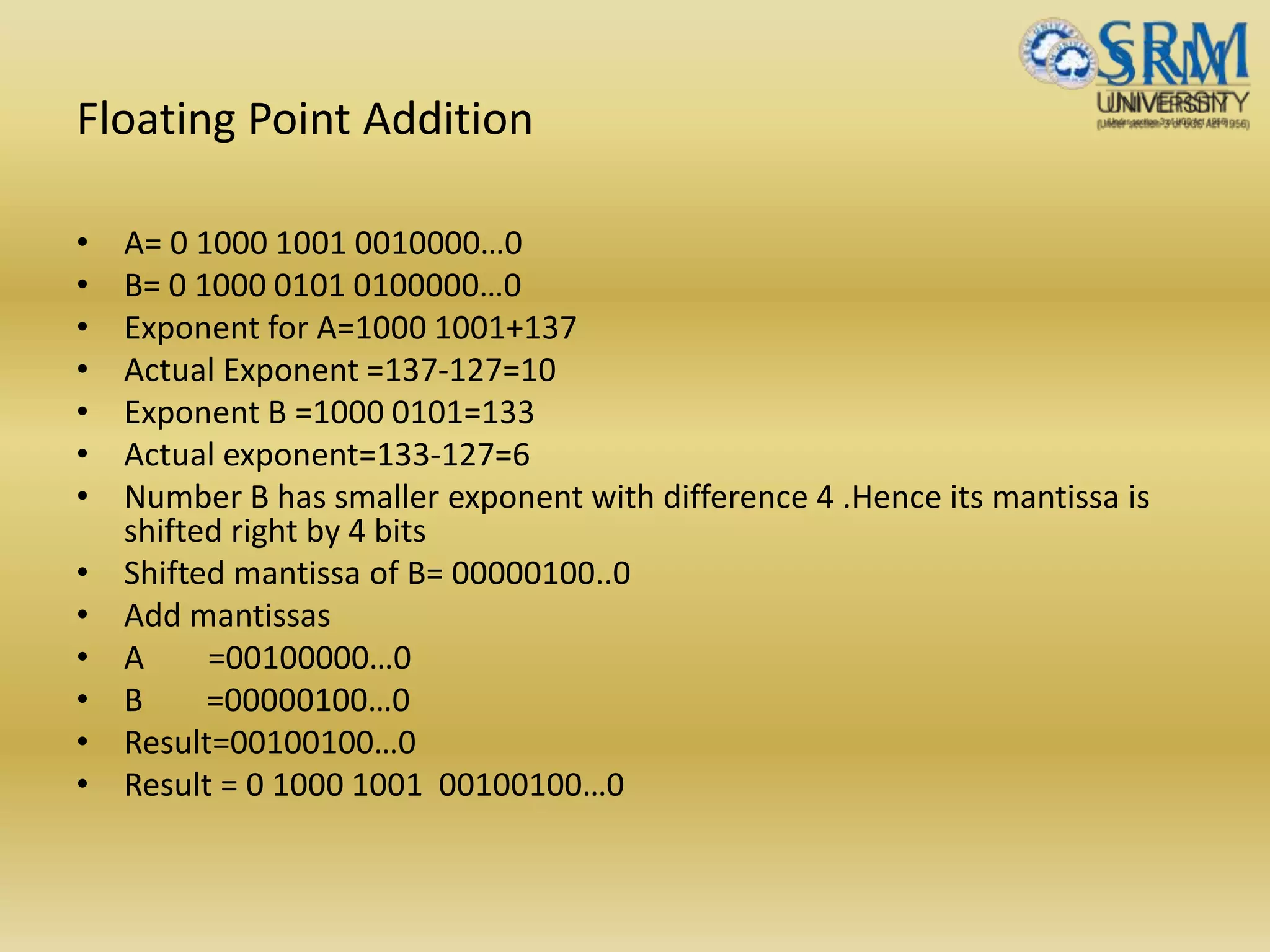 Floating Point Addition
• A= 0 1000 1001 0010000…0
• B= 0 1000 0101 0100000…0
• Exponent for A=1000 1001+137
• Actual Exponent =137-127=10
• Exponent B =1000 0101=133
• Actual exponent=133-127=6
• Number B has smaller exponent with difference 4 .Hence its mantissa is
shifted right by 4 bits
• Shifted mantissa of B= 00000100..0
• Add mantissas
• A =00100000…0
• B =00000100…0
• Result=00100100…0
• Result = 0 1000 1001 00100100…0
 