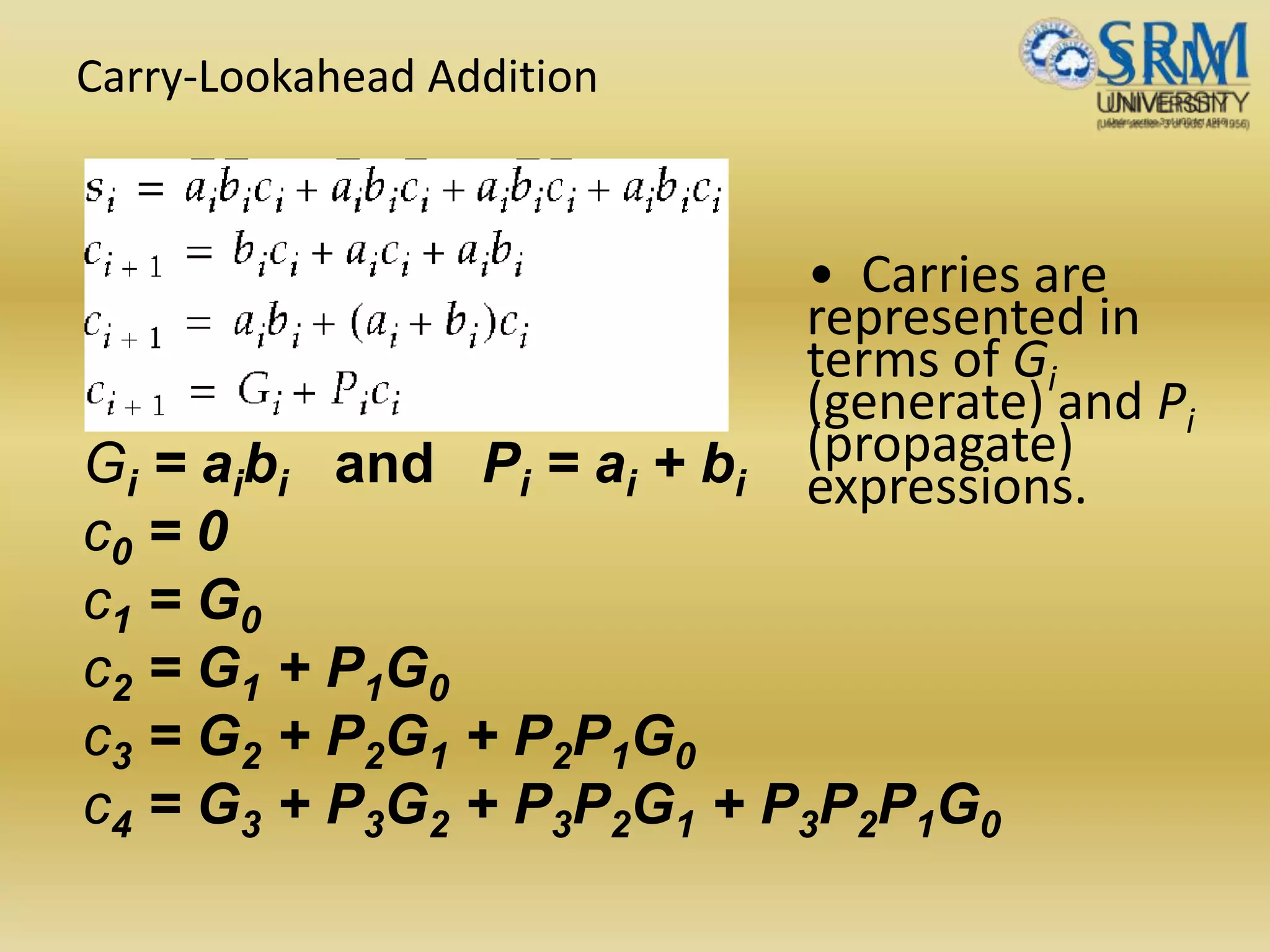 Carry-Lookahead Addition
Gi = aibi and Pi = ai + bi
c0 = 0
c1 = G0
c2 = G1 + P1G0
c3 = G2 + P2G1 + P2P1G0
c4 = G3 + P3G2 + P3P2G1 + P3P2P1G0
• Carries are
represented in
terms of Gi
(generate) and Pi
(propagate)
expressions.
 