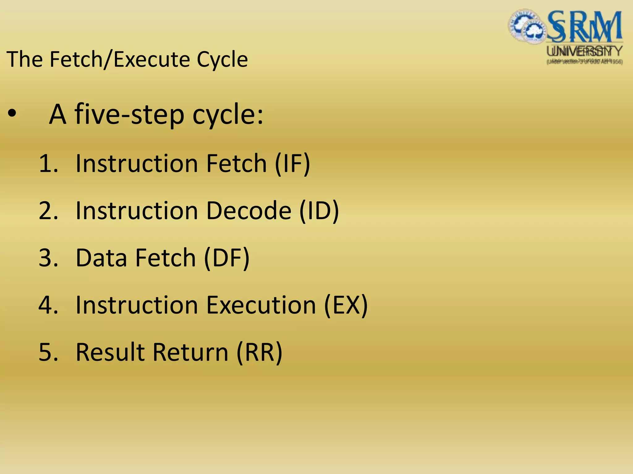 The Fetch/Execute Cycle
• A five-step cycle:
1. Instruction Fetch (IF)
2. Instruction Decode (ID)
3. Data Fetch (DF)
4. Instruction Execution (EX)
5. Result Return (RR)
 