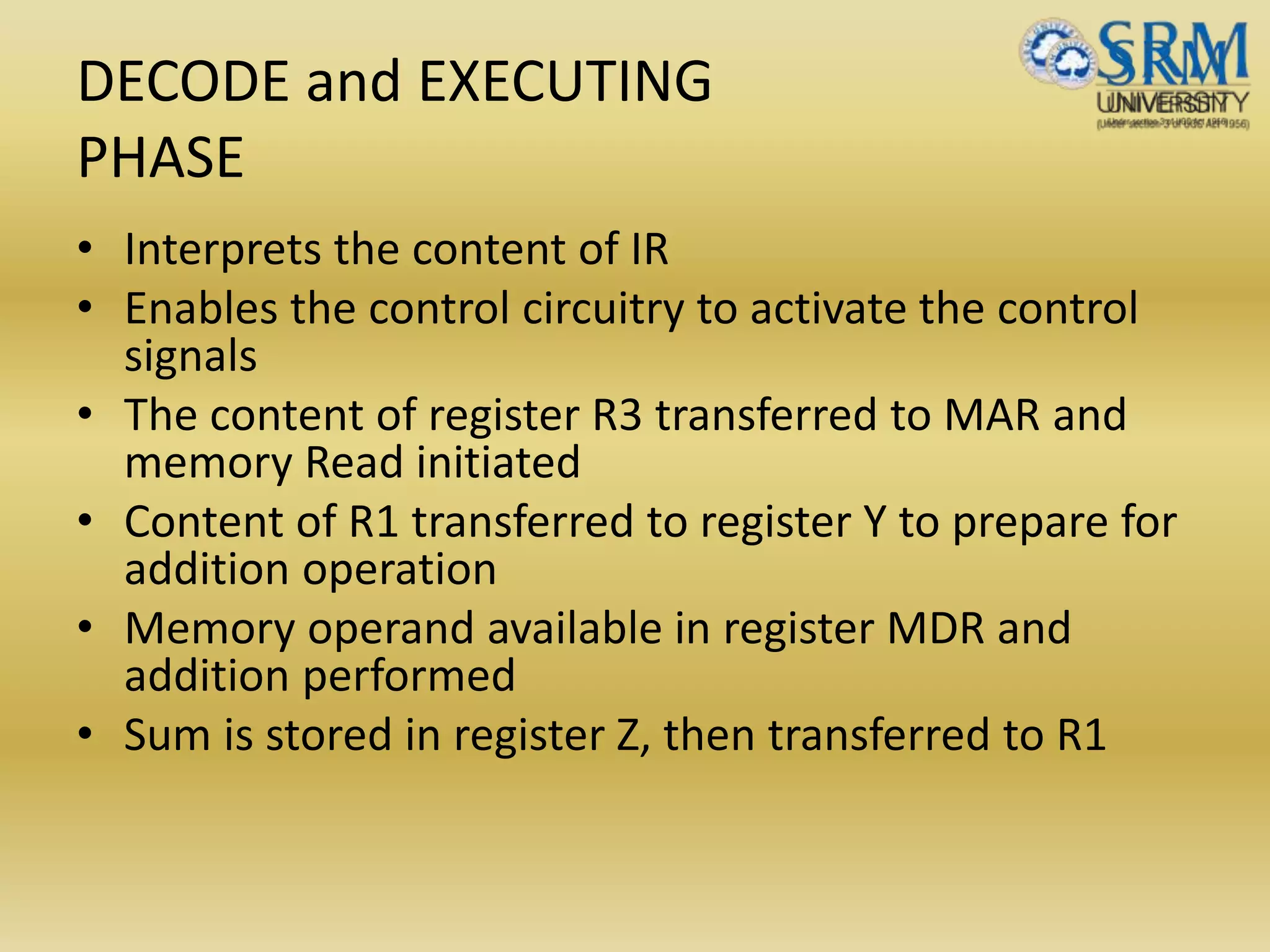DECODE and EXECUTING
PHASE
• Interprets the content of IR
• Enables the control circuitry to activate the control
signals
• The content of register R3 transferred to MAR and
memory Read initiated
• Content of R1 transferred to register Y to prepare for
addition operation
• Memory operand available in register MDR and
addition performed
• Sum is stored in register Z, then transferred to R1
 