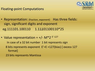 Floating-point Computations
• Representation: (fraction, exponent) Has three fields:
sign, significant digits and exponent
eg.111101.100110 1.11101100110*25
• Value representation = +/- M*2 E’-127
In case of a 32 bit number 1 bit represents sign
8 bits represents exponent E’=E +127(bias) [ excess 127
format]
23 bits represents Mantissa
 