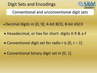 Digit Sets and Encodings
Conventional and unconventional digit sets
 Decimal digits in [0, 9]; 4-bit BCD, 8-bit ASCII
 Hexadecimal, or hex for short: digits 0-9 & a-f
 Conventional digit set for radix r is [0, r – 1]
 Conventional binary digit set in [0, 1]
 