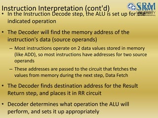 Instruction Interpretation (cont'd)
• In the Instruction Decode step, the ALU is set up for the
indicated operation
• The Decoder will find the memory address of the
instruction's data (source operands)
– Most instructions operate on 2 data values stored in memory
(like ADD), so most instructions have addresses for two source
operands
– These addresses are passed to the circuit that fetches the
values from memory during the next step, Data Fetch
• The Decoder finds destination address for the Result
Return step, and places it in RR circuit
• Decoder determines what operation the ALU will
perform, and sets it up appropriately
 