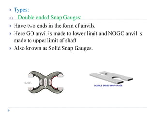  Types:
a) Double ended Snap Gauges:
 Have two ends in the form of anvils.
 Here GO anvil is made to lower limit and NOGO anvil is
made to upper limit of shaft.
 Also known as Solid Snap Gauges.
 