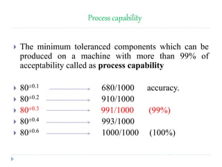 Process capability
 The minimum toleranced components which can be
produced on a machine with more than 99% of
acceptability called as process capability
 80±0.1 680/1000 accuracy.
 80±0.2 910/1000
 80±0.3 991/1000 (99%)
 80±0.4 993/1000
 80±0.6 1000/1000 (100%)
 