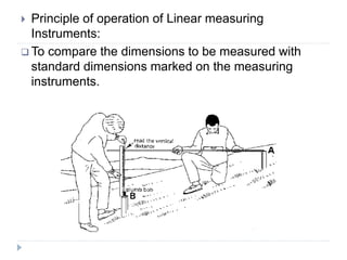 Principle of operation of Linear measuring
Instruments:
 To compare the dimensions to be measured with
standard dimensions marked on the measuring
instruments.
 