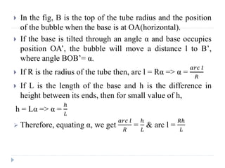  In the fig, B is the top of the tube radius and the position
of the bubble when the base is at OA(horizontal).
 If the base is tilted through an angle α and base occupies
position OA’, the bubble will move a distance l to B’,
where angle BOB’= α.
 If R is the radius of the tube then, arc l = Rα => α =
𝑎𝑟𝑐 𝑙
𝑅
 If L is the length of the base and h is the difference in
height between its ends, then for small value of h,
h = Lα => α =
ℎ
𝐿
 Therefore, equating α, we get
𝑎𝑟𝑐 𝑙
𝑅
=
ℎ
𝐿
& arc l =
𝑅ℎ
𝐿
 