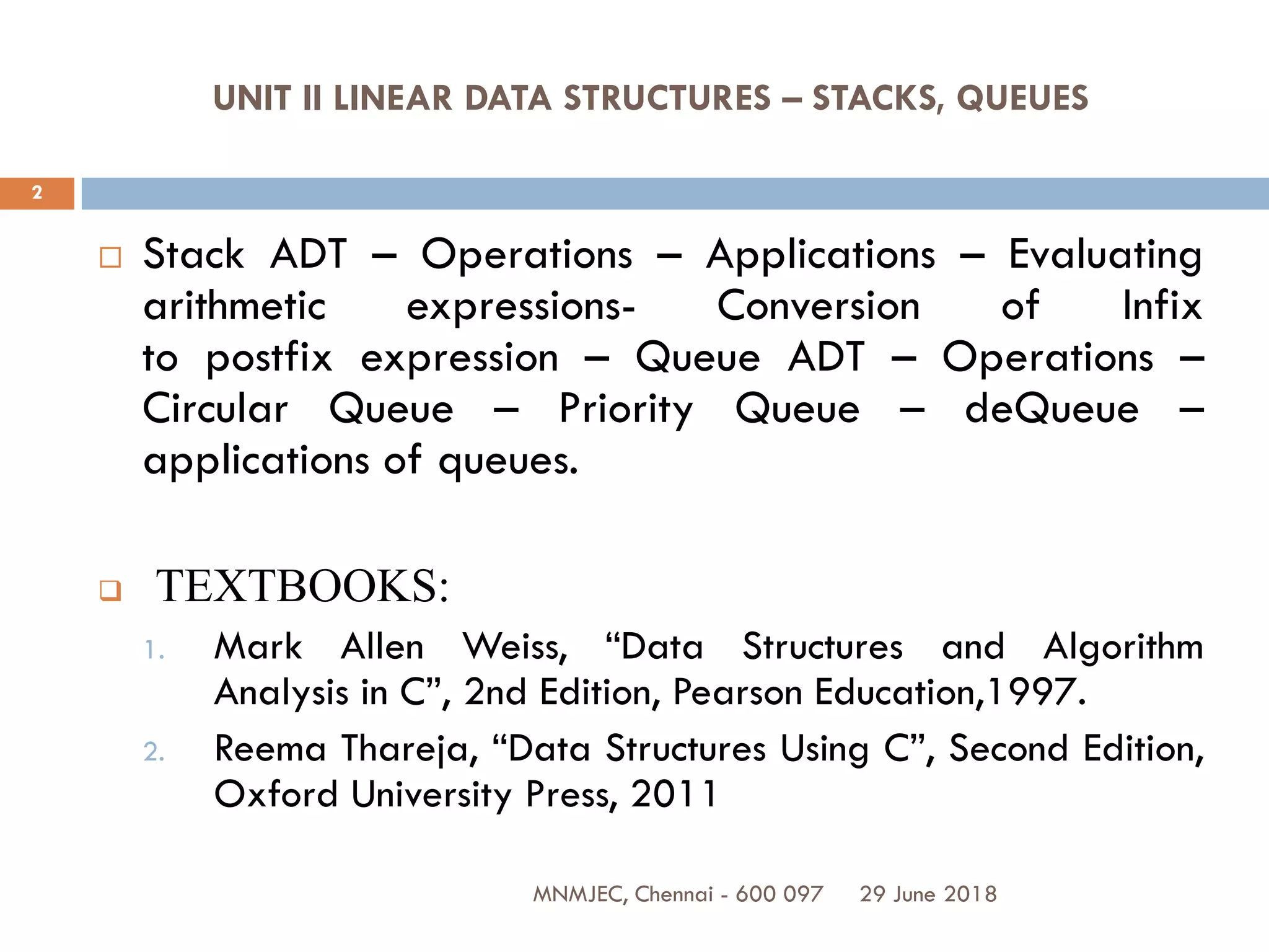 UNIT II LINEAR DATA STRUCTURES – STACKS, QUEUES | PDF