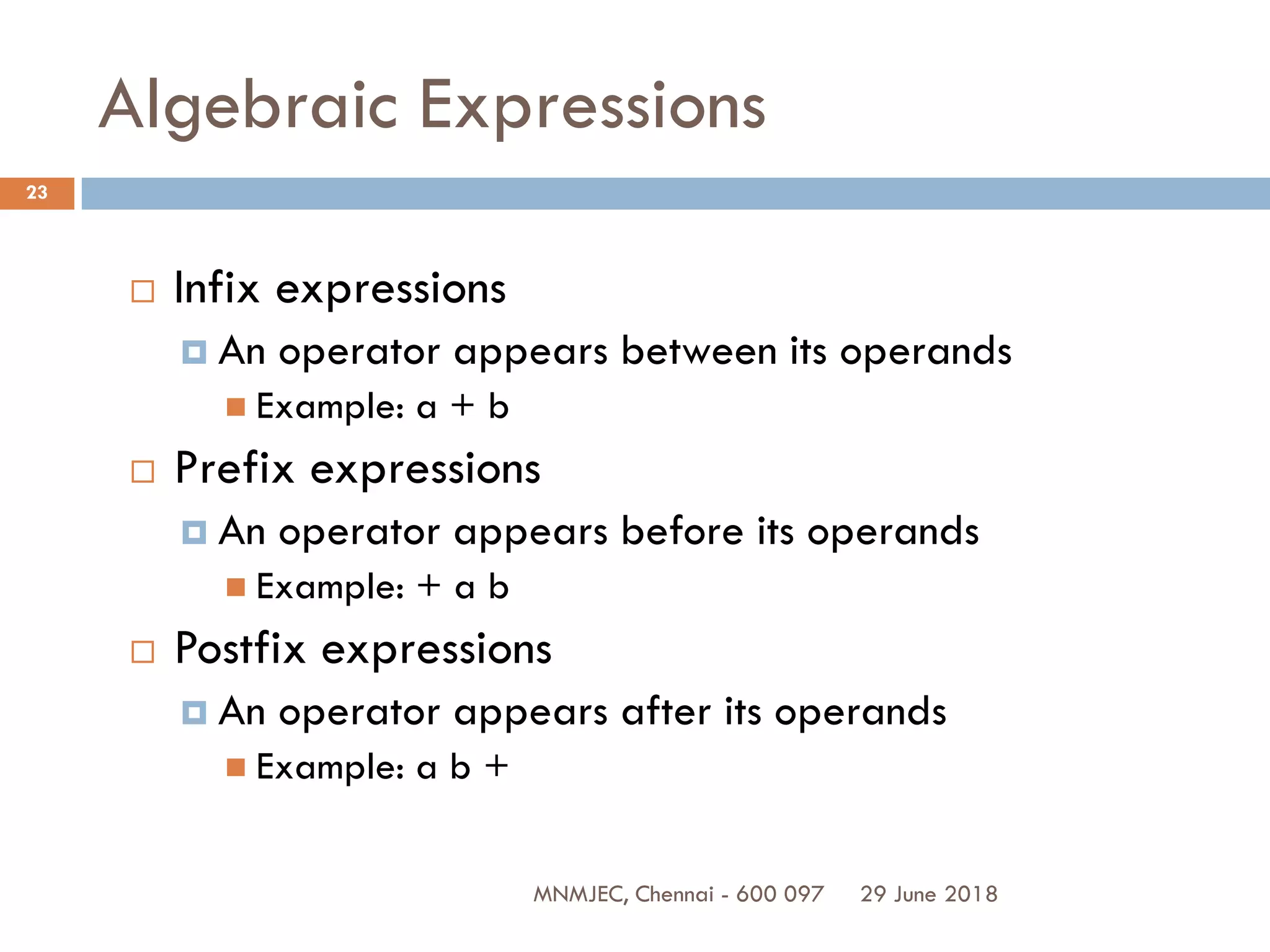 29 June 2018MNMJEC, Chennai - 600 097
23
Algebraic Expressions
 Infix expressions
 An operator appears between its operands
 Example: a + b
 Prefix expressions
 An operator appears before its operands
 Example: + a b
 Postfix expressions
 An operator appears after its operands
 Example: a b +
 