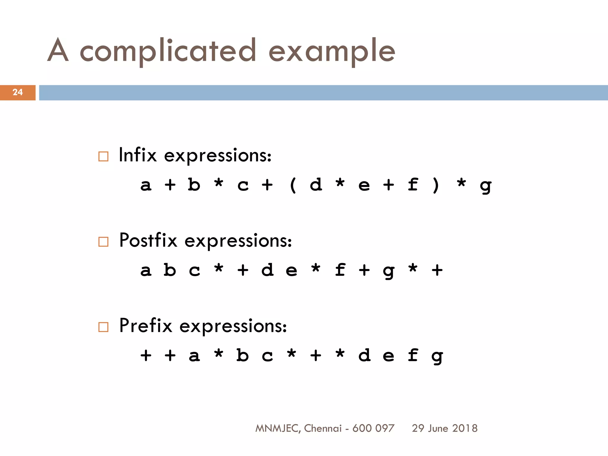 29 June 2018MNMJEC, Chennai - 600 097
24
A complicated example
 Infix expressions:
a + b * c + ( d * e + f ) * g
 Postfix expressions:
a b c * + d e * f + g * +
 Prefix expressions:
+ + a * b c * + * d e f g
 