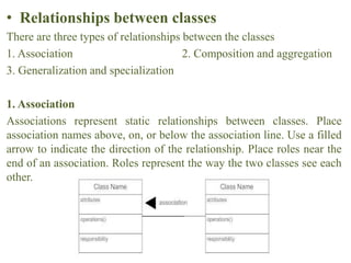 • Relationships between classes
There are three types of relationships between the classes
1. Association 2. Composition and aggregation
3. Generalization and specialization
1. Association
Associations represent static relationships between classes. Place
association names above, on, or below the association line. Use a filled
arrow to indicate the direction of the relationship. Place roles near the
end of an association. Roles represent the way the two classes see each
other.
 