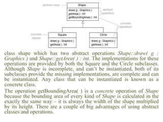 class shape which has two abstract operations Shape::draw( g :
Graphics ) and Shape::getArea( ) : int. The implementations for these
operations are provided by both the Square and the Circle subclasses.
Although Shape is incomplete, and can’t be instantiated, both of its
subclasses provide the missing implementations, are complete and can
be instantiated. Any class that can be instantiated is known as a
concrete class.
The operation getBoundingArea( ) is a concrete operation of Shape
because the bounding area of every kind of Shape is calculated in the
exactly the same way – it is always the width of the shape multiplied
by its height. There are a couple of big advantages of using abstract
classes and operations.
 
