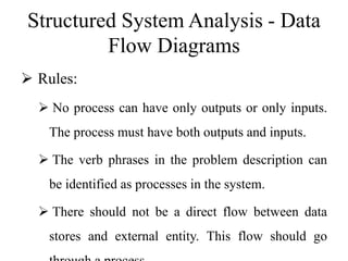 Structured System Analysis - Data
Flow Diagrams
 Rules:
 No process can have only outputs or only inputs.
The process must have both outputs and inputs.
 The verb phrases in the problem description can
be identified as processes in the system.
 There should not be a direct flow between data
stores and external entity. This flow should go
 