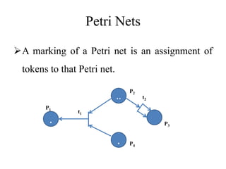 Petri Nets
A marking of a Petri net is an assignment of
tokens to that Petri net.
.
..
.
P1
P2
P4
P3
t1
t2
 