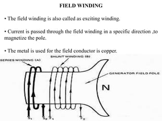 FIELD WINDING
• The field winding is also called as exciting winding.
• Current is passed through the field winding in a specific direction ,to
magnetize the pole.
• The metal is used for the field conductor is copper.
 