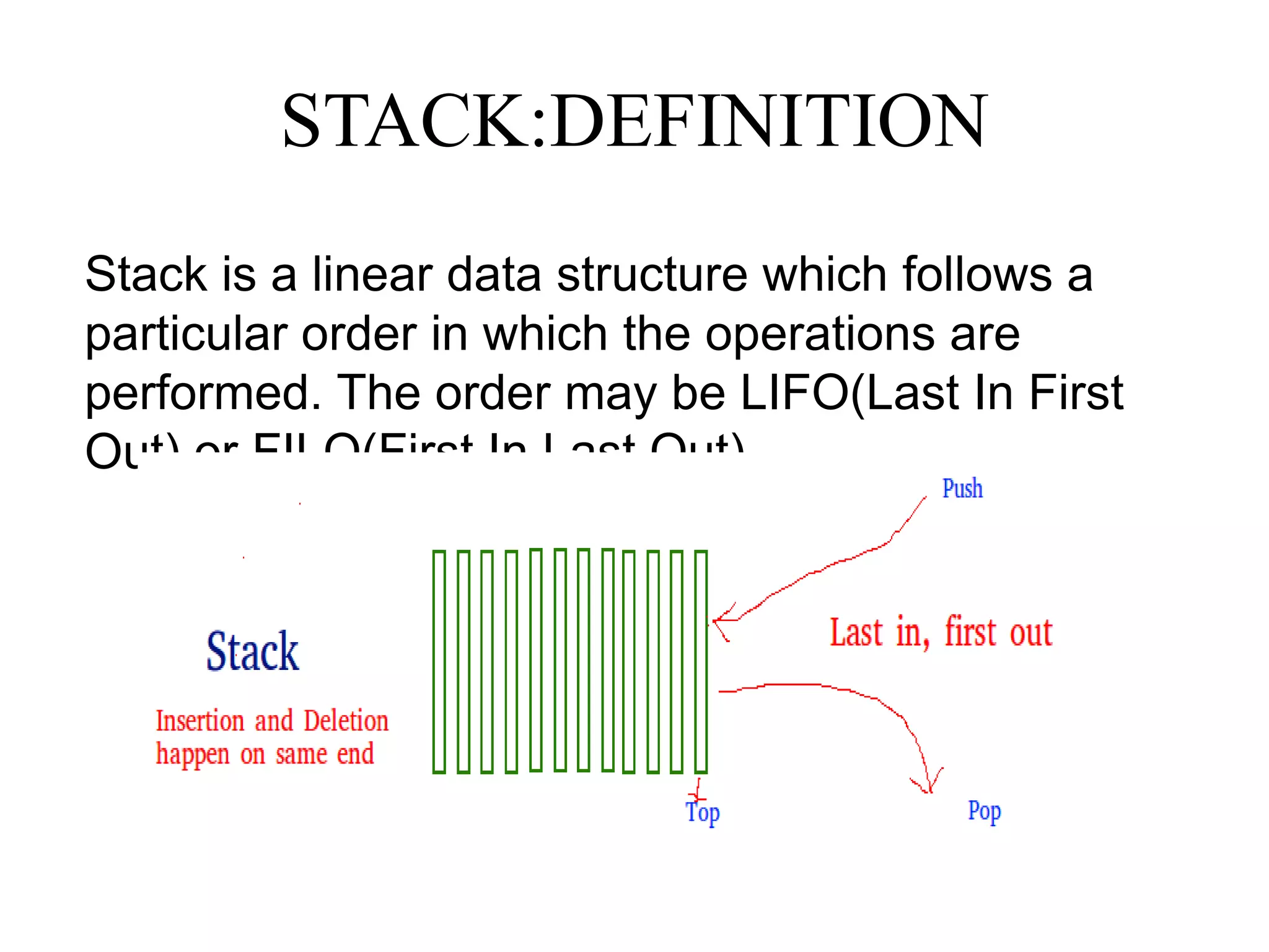 STACK:DEFINITION
Stack is a linear data structure which follows a
particular order in which the operations are
performed. The order may be LIFO(Last In First
Out) or FILO(First In Last Out).
 