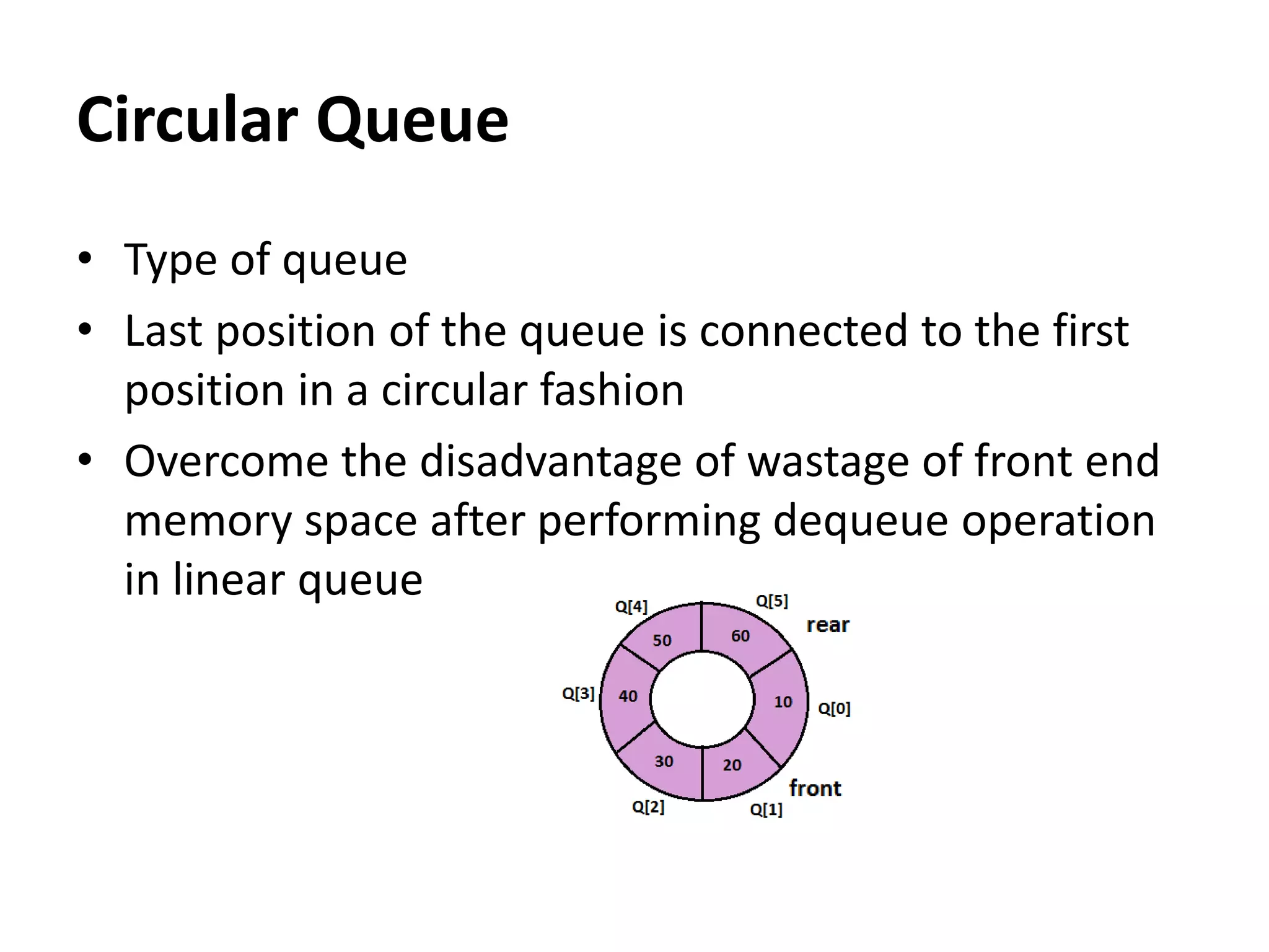 Circular Queue
• Type of queue
• Last position of the queue is connected to the first
position in a circular fashion
• Overcome the disadvantage of wastage of front end
memory space after performing dequeue operation
in linear queue
 