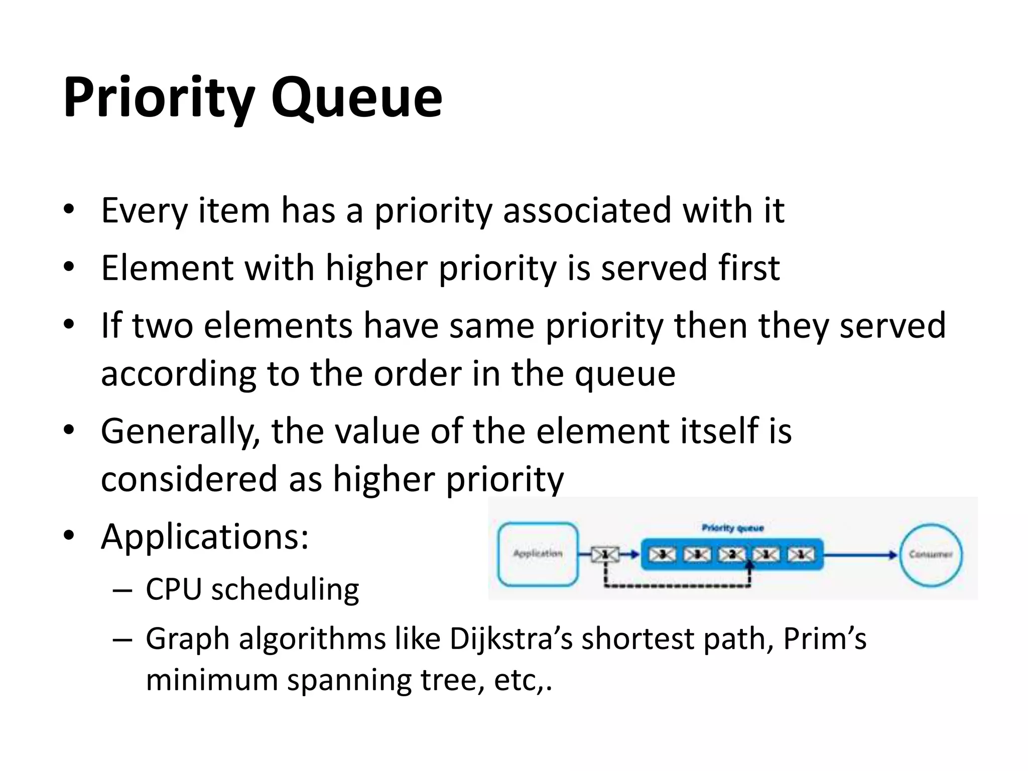 Priority Queue
• Every item has a priority associated with it
• Element with higher priority is served first
• If two elements have same priority then they served
according to the order in the queue
• Generally, the value of the element itself is
considered as higher priority
• Applications:
– CPU scheduling
– Graph algorithms like Dijkstra’s shortest path, Prim’s
minimum spanning tree, etc,.
 