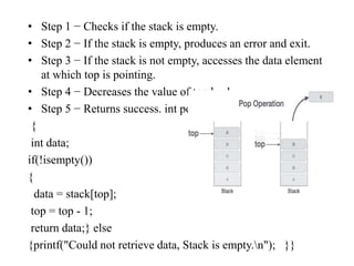 • Step 1 − Checks if the stack is empty.
• Step 2 − If the stack is empty, produces an error and exit.
• Step 3 − If the stack is not empty, accesses the data element
at which top is pointing.
• Step 4 − Decreases the value of top by 1.
• Step 5 − Returns success. int pop()
{
int data;
if(!isempty())
{
data = stack[top];
top = top - 1;
return data;} else
{printf("Could not retrieve data, Stack is empty.n"); }}
 