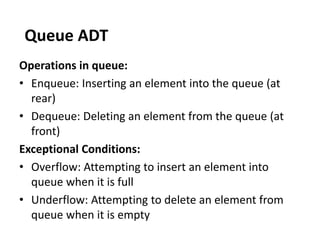 Operations in queue:
• Enqueue: Inserting an element into the queue (at
rear)
• Dequeue: Deleting an element from the queue (at
front)
Exceptional Conditions:
• Overflow: Attempting to insert an element into
queue when it is full
• Underflow: Attempting to delete an element from
queue when it is empty
Queue ADT
 