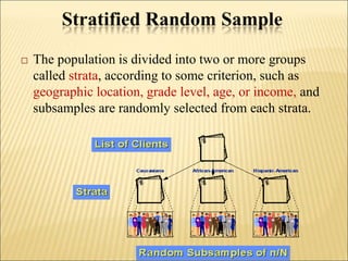  The population is divided into two or more groups
called strata, according to some criterion, such as
geographic location, grade level, age, or income, and
subsamples are randomly selected from each strata.
 