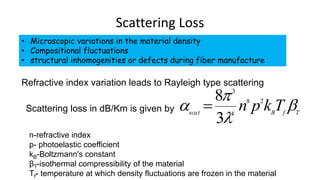 Scattering Loss
• Microscopic variations in the material density
• Compositional fluctuations
• structural inhomogenities or defects during fiber manufacture
Refractive index variation leads to Rayleigh type scattering
Scattering loss in dB/Km is given by T
f
B
scat
T
k
p
n 


 2
8
4
3
3
8

n-refractive index
p- photoelastic coefficient
kB-Boltzmann's constant
βT-isothermal compressibility of the material
Tf- temperature at which density fluctuations are frozen in the material
 