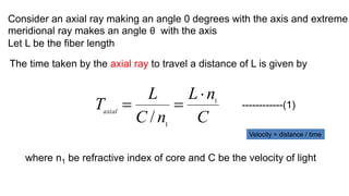 Consider an axial ray making an angle 0 degrees with the axis and extreme
meridional ray makes an angle θ with the axis
Let L be the fiber length
The time taken by the axial ray to travel a distance of L is given by
C
n
L
n
C
L
Taxial
1
1
/



where n1 be refractive index of core and C be the velocity of light
------------(1)
Velocity = distance / time
 