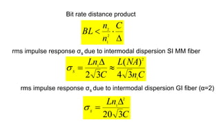 Bit rate distance product



C
n
n
BL 2
1
2
rms impulse response σs due to intermodal dispersion SI MM fiber
C
n
NA
L
C
Ln
S
1
2
1
3
4
)
(
3
2




rms impulse response σs due to intermodal dispersion GI fiber (α=2)
C
Ln
S
3
20
2
1



 