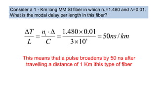Consider a 1 - Km long MM SI fiber in which n1=1.480 and ∆=0.01.
What is the modal delay per length in this fiber?
km
ns
C
n
L
T
/
50
10
3
01
.
0
480
.
1
8
1








This means that a pulse broadens by 50 ns after
travelling a distance of 1 Km ithis type of fiber
 