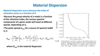 Material Dispersion
Material dispersion occurs because the index of
refraction varies as a function of λ
•Because the group velocity of a mode is a function
of the refractive index, the various spectral
components of a given mode will travel at different
speeds, depending on λ.
•The pulse spread σmat for a source of spectral width
σλ is
where Dmat is the material dispersion
35
 
