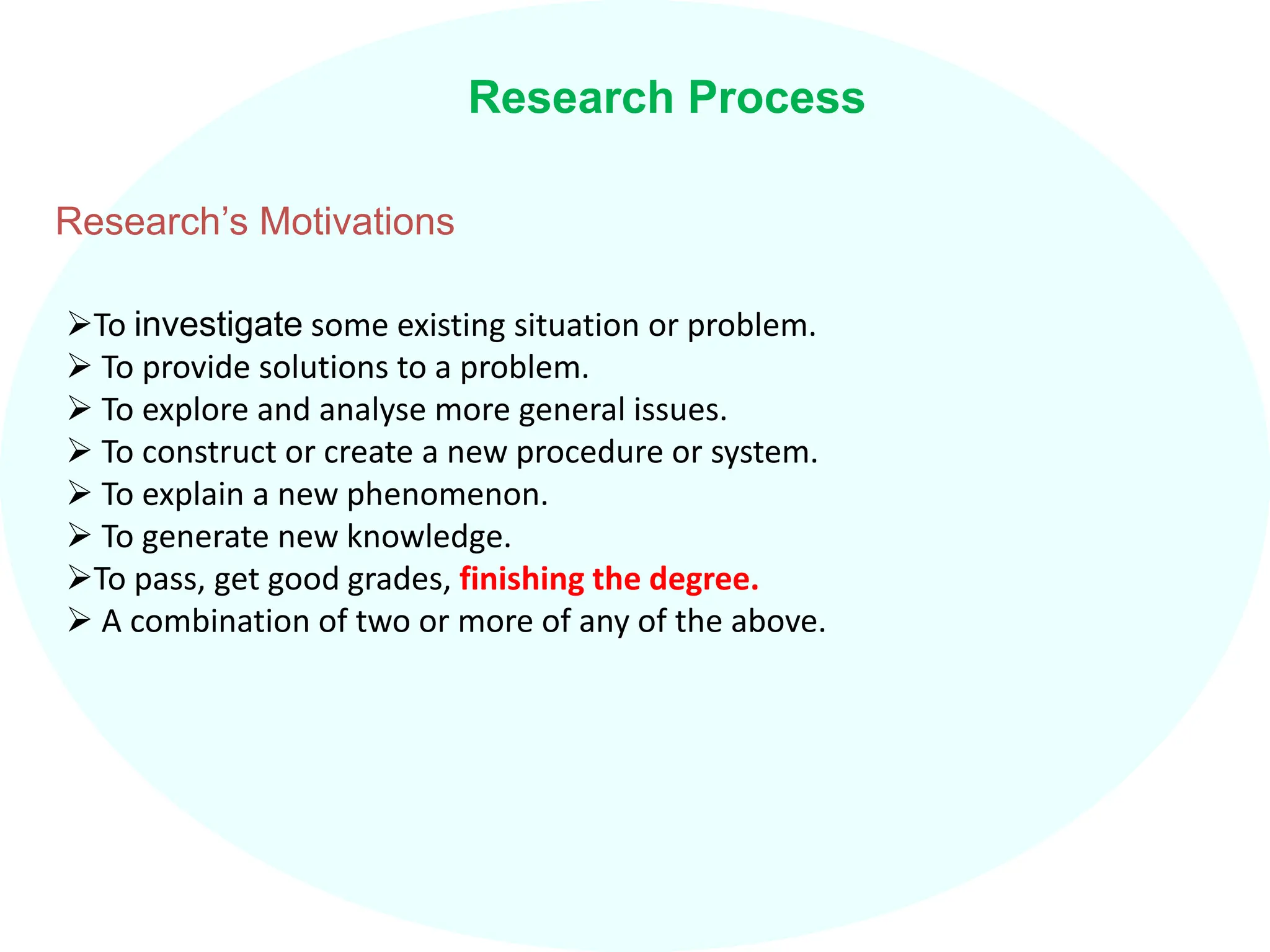 To investigate some existing situation or problem.
 To provide solutions to a problem.
 To explore and analyse more general issues.
 To construct or create a new procedure or system.
 To explain a new phenomenon.
 To generate new knowledge.
To pass, get good grades, finishing the degree.
 A combination of two or more of any of the above.
Research Process
Research’s Motivations
 