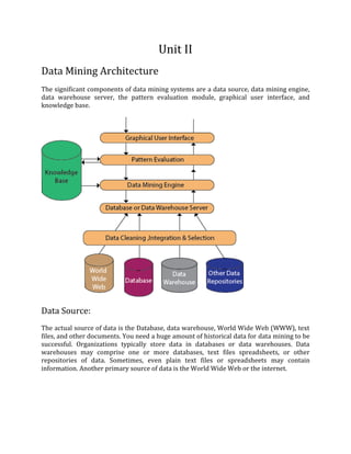 Unit II
Data Mining Architecture
The significant components of data mining systems are a data source, data mining engine,
data warehouse server, the pattern evaluation module, graphical user interface, and
knowledge base.
Data Source:
The actual source of data is the Database, data warehouse, World Wide Web (WWW), text
files, and other documents. You need a huge amount of historical data for data mining to be
successful. Organizations typically store data in databases or data warehouses. Data
warehouses may comprise one or more databases, text files spreadsheets, or other
repositories of data. Sometimes, even plain text files or spreadsheets may contain
information. Another primary source of data is the World Wide Web or the internet.
 