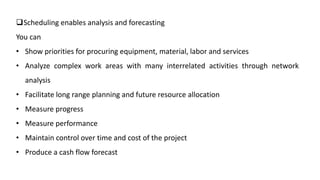 Scheduling enables analysis and forecasting
You can
• Show priorities for procuring equipment, material, labor and services
• Analyze complex work areas with many interrelated activities through network
analysis
• Facilitate long range planning and future resource allocation
• Measure progress
• Measure performance
• Maintain control over time and cost of the project
• Produce a cash flow forecast
 