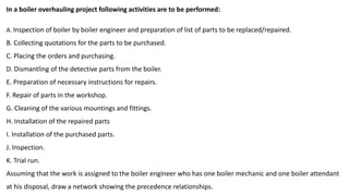 In a boiler overhauling project following activities are to be performed:
A. Inspection of boiler by boiler engineer and preparation of list of parts to be replaced/repaired.
B. Collecting quotations for the parts to be purchased.
C. Placing the orders and purchasing.
D. Dismantling of the detective parts from the boiler.
E. Preparation of necessary instructions for repairs.
F. Repair of parts in the workshop.
G. Cleaning of the various mountings and fittings.
H. Installation of the repaired parts
I. Installation of the purchased parts.
J. Inspection.
K. Trial run.
Assuming that the work is assigned to the boiler engineer who has one boiler mechanic and one boiler attendant
at his disposal, draw a network showing the precedence relationships.
 