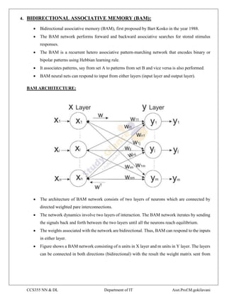 CCS355 NN & DL Department of IT Asst.Prof.M.gokilavani
4. BIDIRECTIONAL ASSOCIATIVE MEMORY (BAM):
 Bidirectional associative memory (BAM), first proposed by Bart Kosko in the year 1988.
 The BAM network performs forward and backward associative searches for stored stimulus
responses.
 The BAM is a recurrent hetero associative pattern-marching network that encodes binary or
bipolar patterns using Hebbian learning rule.
 It associates patterns, say from set A to patterns from set B and vice versa is also performed.
 BAM neural nets can respond to input from either layers (input layer and output layer).
BAM ARCHITECTURE:
 The architecture of BAM network consists of two layers of neurons which are connected by
directed weighted pare interconnections.
 The network dynamics involve two layers of interaction. The BAM network iterates by sending
the signals back and forth between the two layers until all the neurons reach equilibrium.
 The weights associated with the network are bidirectional. Thus, BAM can respond to the inputs
in either layer.
 Figure shows a BAM network consisting of n units in X layer and m units in Y layer. The layers
can be connected in both directions (bidirectional) with the result the weight matrix sent from
 