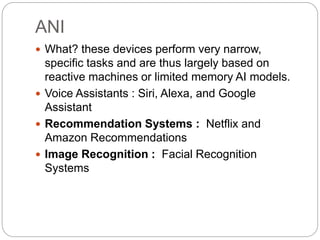 ANI
 What? these devices perform very narrow,
specific tasks and are thus largely based on
reactive machines or limited memory AI models.
 Voice Assistants : Siri, Alexa, and Google
Assistant
 Recommendation Systems : Netflix and
Amazon Recommendations
 Image Recognition : Facial Recognition
Systems
 