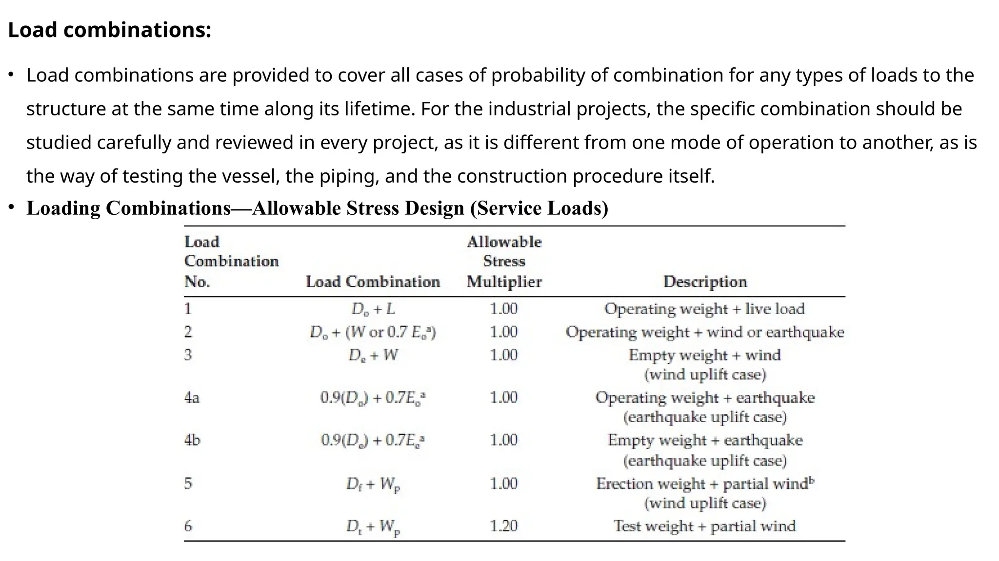 Load combinations:
• Load combinations are provided to cover all cases of probability of combination for any types of loads to the
structure at the same time along its lifetime. For the industrial projects, the specific combination should be
studied carefully and reviewed in every project, as it is different from one mode of operation to another, as is
the way of testing the vessel, the piping, and the construction procedure itself.
• Loading Combinations—Allowable Stress Design (Service Loads)
 