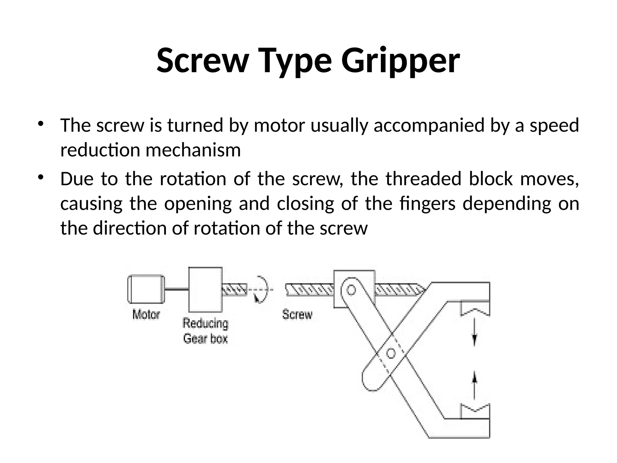 Screw Type Gripper
• The screw is turned by motor usually accompanied by a speed
reduction mechanism
• Due to the rotation of the screw, the threaded block moves,
causing the opening and closing of the fingers depending on
the direction of rotation of the screw
 